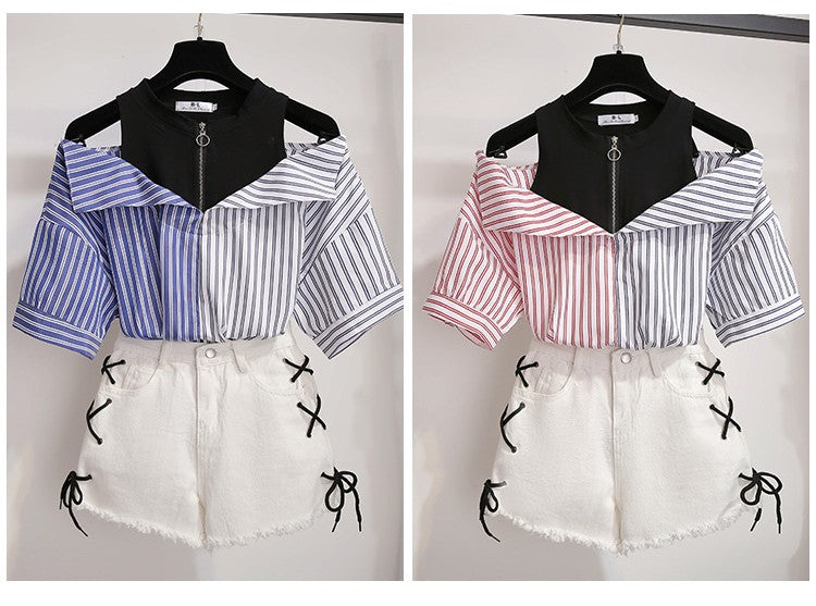 Stitching striped short-sleeved shirt fake two-piece off-shoulder blouse women's two-piece jeans