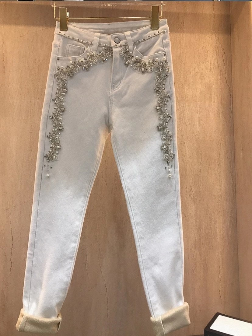 Heavy Industry Beaded High Waist Slim And Velvet Foot Pants