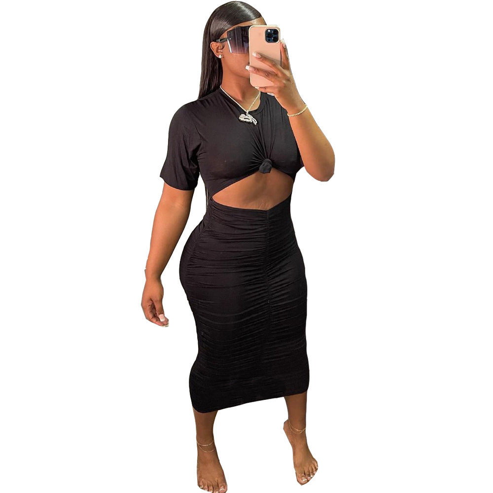 Fashion Solid Color Pleating Short Sleeve Dress Suit