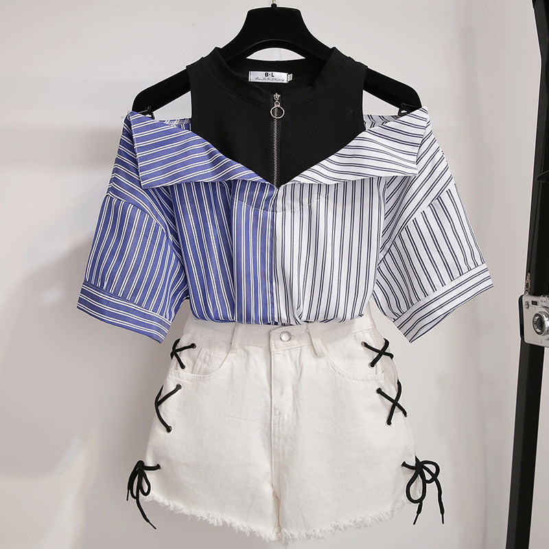 Stitching striped short-sleeved shirt fake two-piece off-shoulder blouse women's two-piece jeans