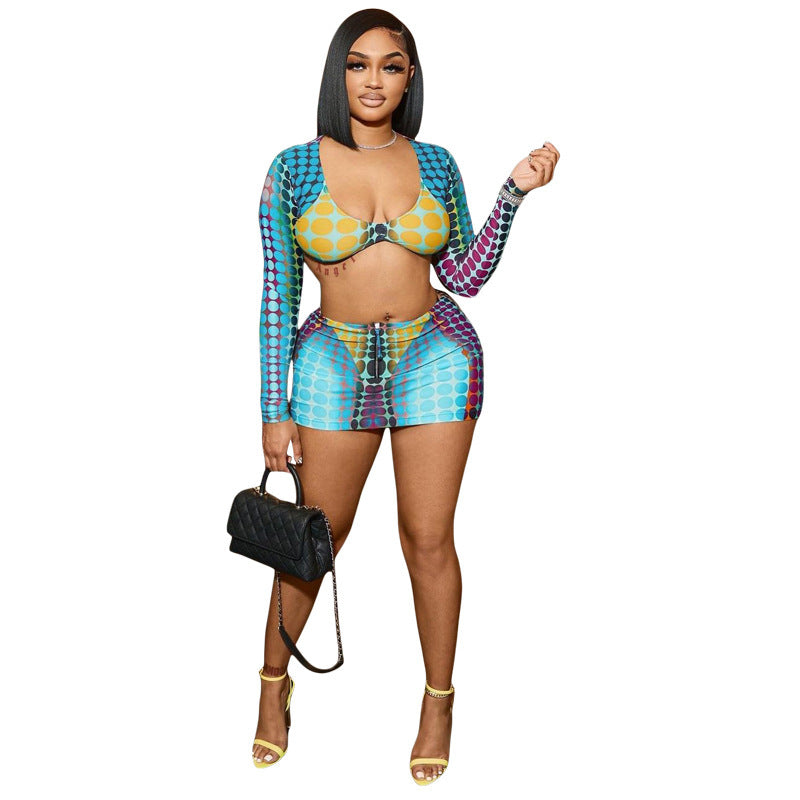 Women's Low Collar Digital Printing Long Sleeve Slim Casual Skirt Outfit