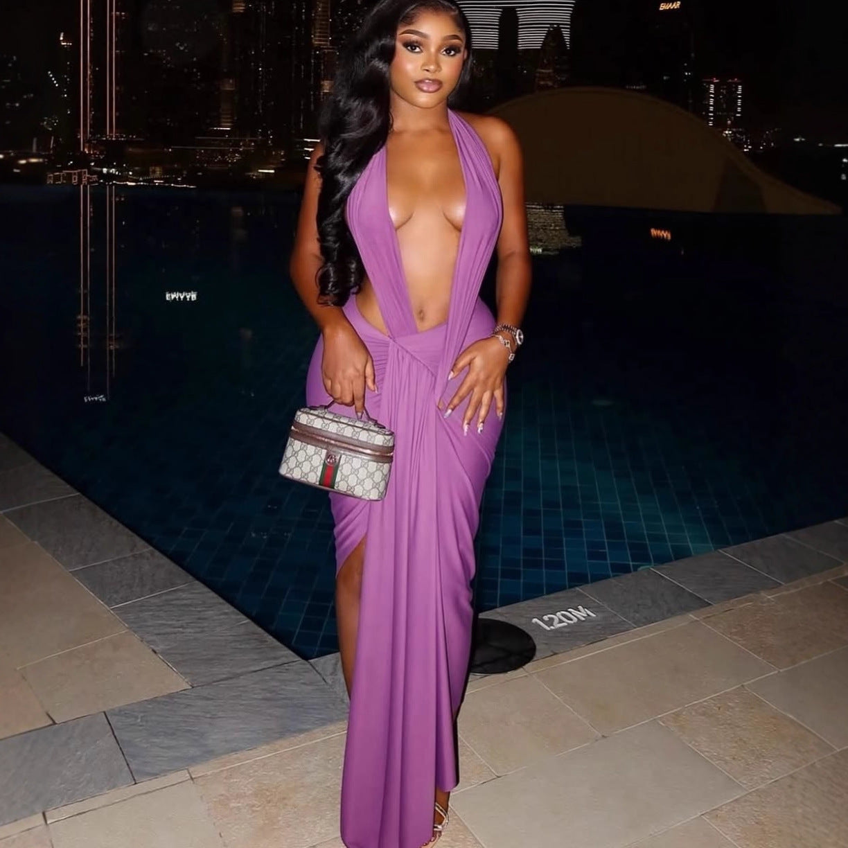 Fashionable Figure-hugging Solid-color Hollow-out Design Backless One-piece Dress