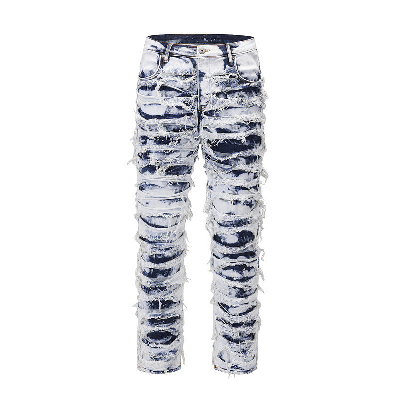 Washed Blue Ripped Zipper Distressed Beggar Pants