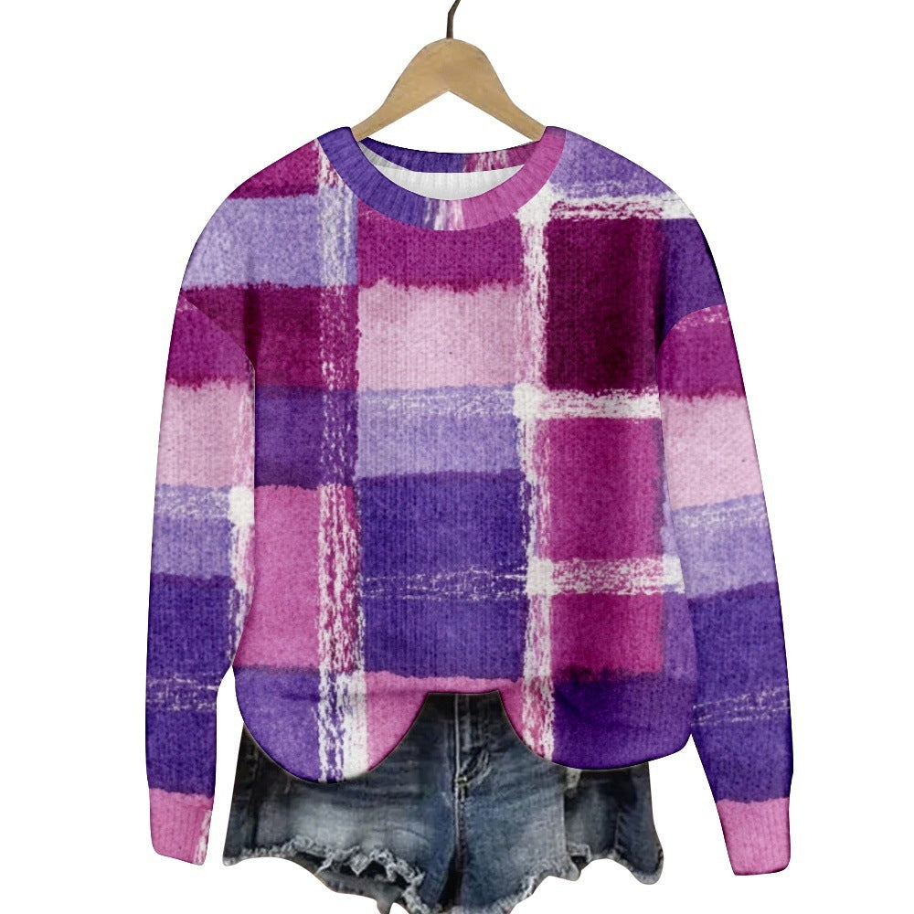 Geometric Color Matching Pattern Elements 3D Printed Casual Women's Round Neck Sweater