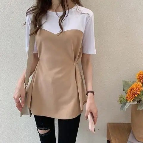All-matching Graceful Fake Two-piece Mid-length Short-sleeved T-shirt