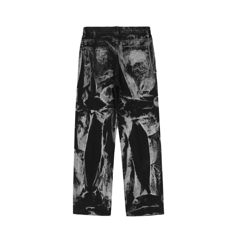 Chain Decoration Tie-dye Distressed Old Jeans Men's High Street Fashion Brand Loose Straight