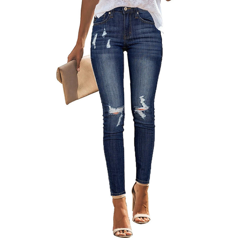 Casual ripped elastic slim-fit pants