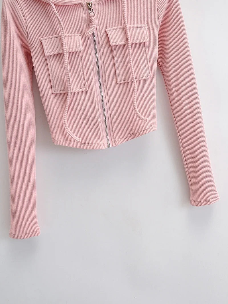 Zip Pocket Hooded Top Stretch Pants Knit Suit