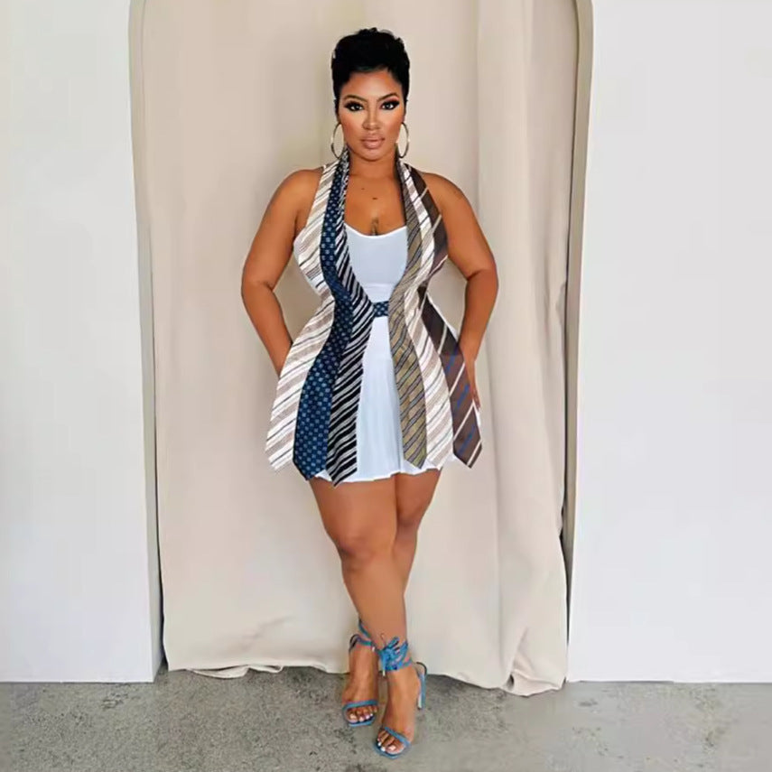 New Backless Tied V-neck Striped Tie Stitching Personality Vest Women's Clothing