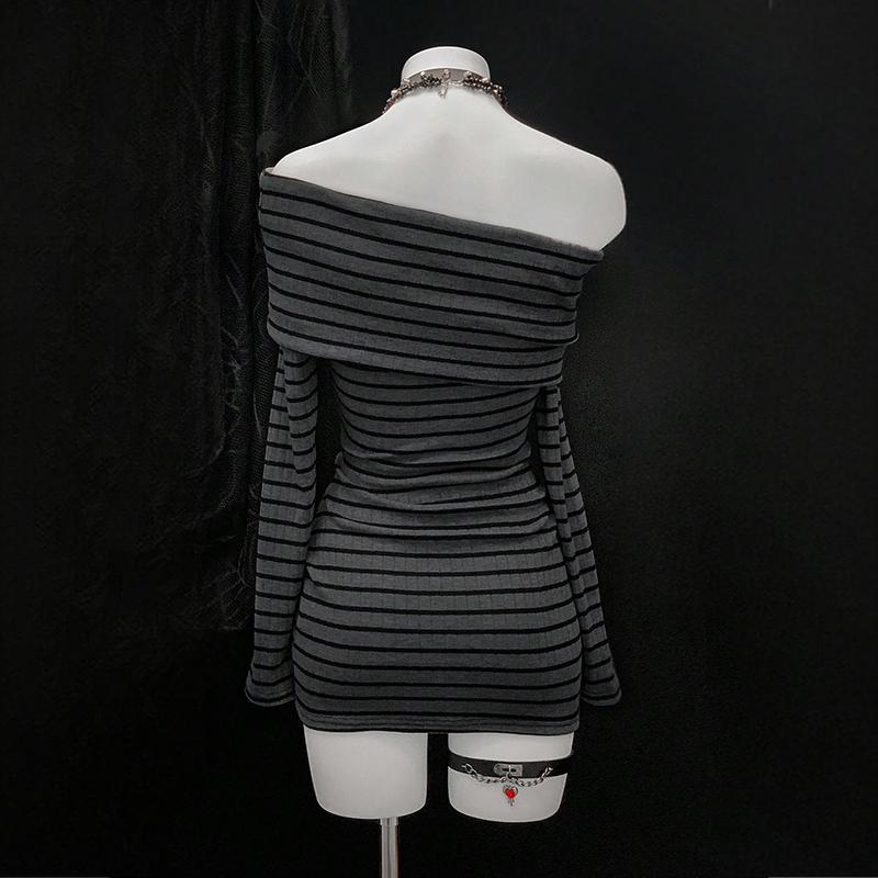 Women's Striped Off-Shoulder Bodycon Dress, Long Sleeve Sexy Mini Dress