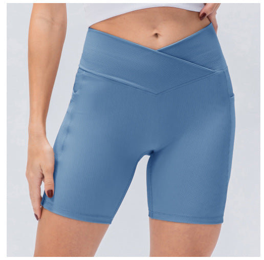 In Stock Cross-border Hot Women's Cross Waist With Pockets Fitness Chrysanthemum Shorts High Waist Hip Lift Yoga Pants