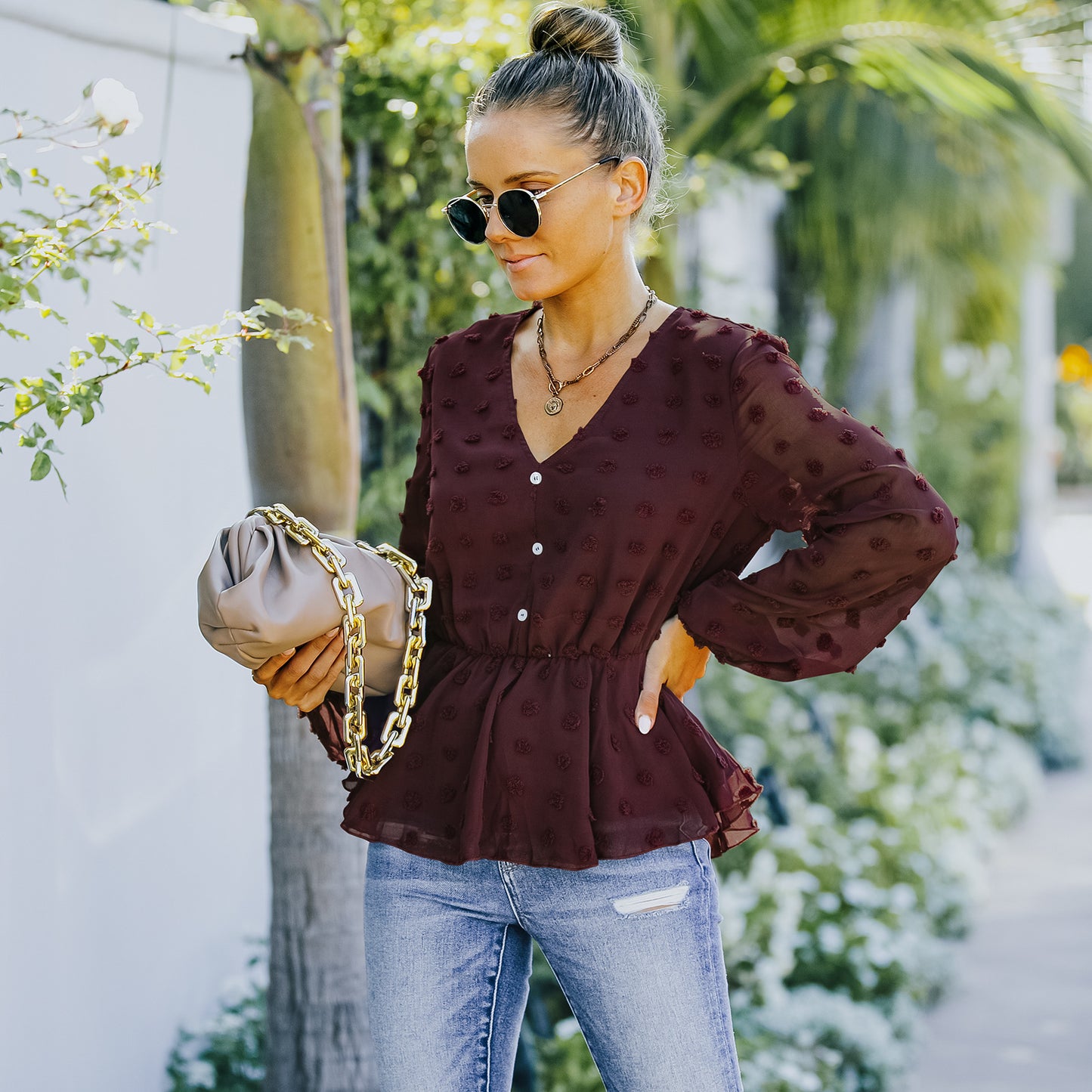 European And American Women's Summer V-neck Long-sleeved Chiffon Shirt