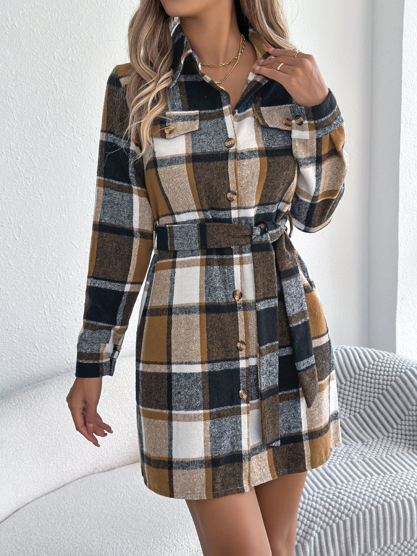 Women's Casual Color-Blocked Plaid Fake Pocket Long Sleeve Tie-Waist Tweed Shirt Dress