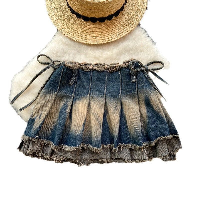 Washed Watercolor Pleated Short Skirt With Bow
