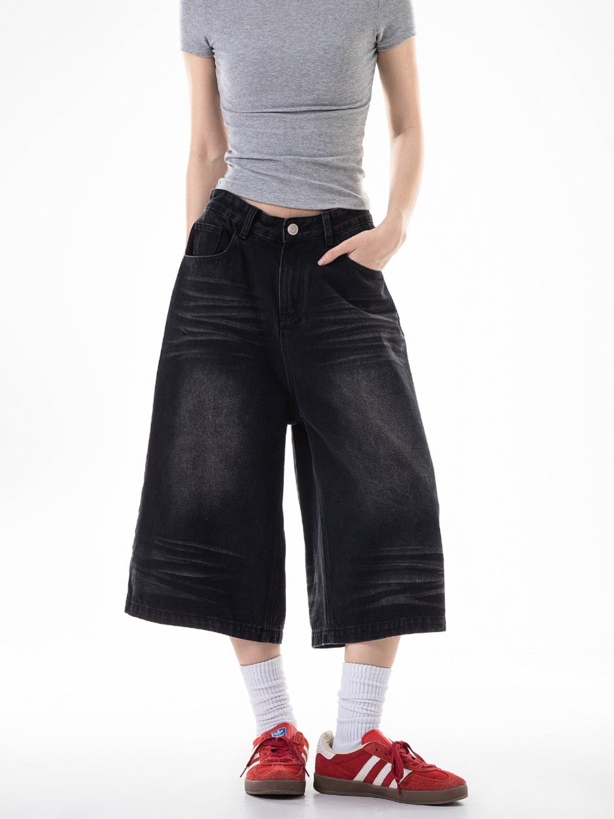 Retro Cropped Jeans Loose Straight Cargo Casual Wide-leg Pants Shorts For Women
