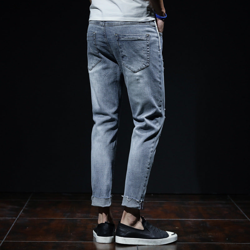 Spring And Summer Ripped Jeans Elastic Small Leg Straight Leg Pants Youth