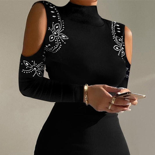 Rhinestone Off-the-shoulder Turtleneck Tight Skirt