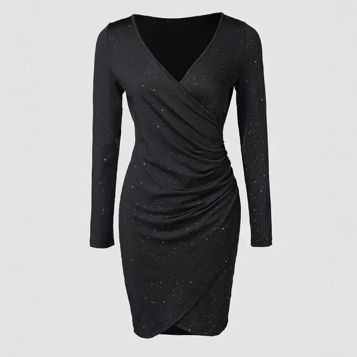 Long-sleeved V-neck Pleated Bodycon Dress For Women