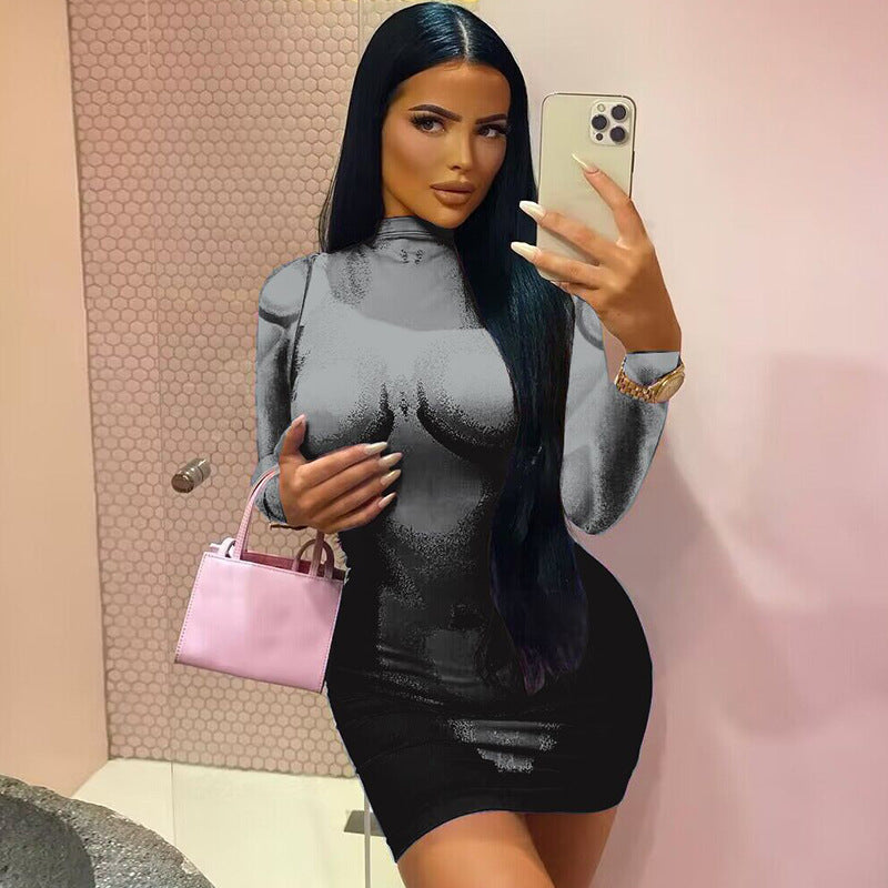 Printed Slim-fit Round Neck Sheath Long-sleeved Dress