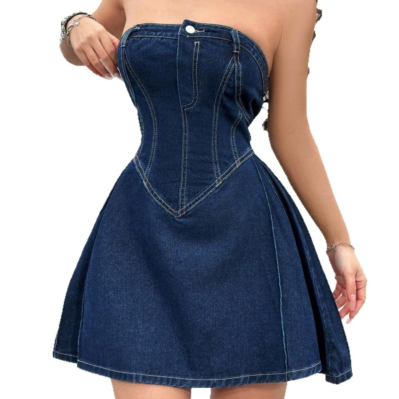 Fashionable Off-shoulder Low Collar Sexy Fishbone Waist Tight Denim Dress