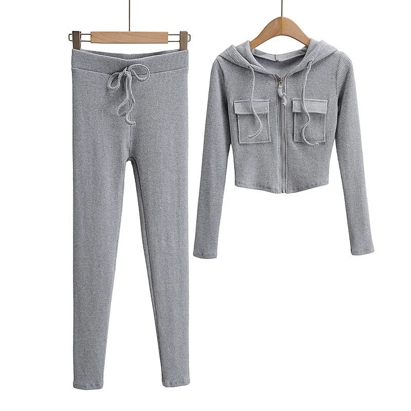 Zip Pocket Hooded Top Stretch Pants Knit Suit