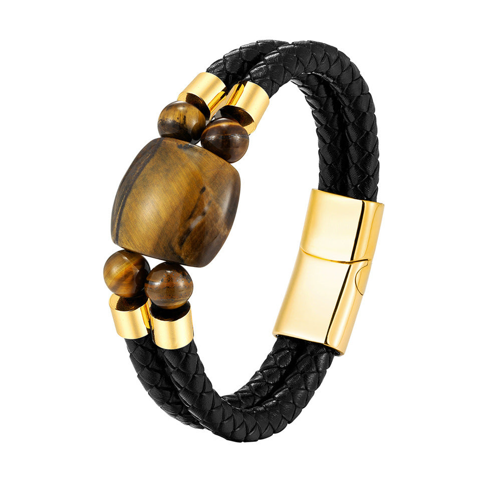 New Stainless Steel Natural Tiger Eye Stone Beaded Bracelet For Men