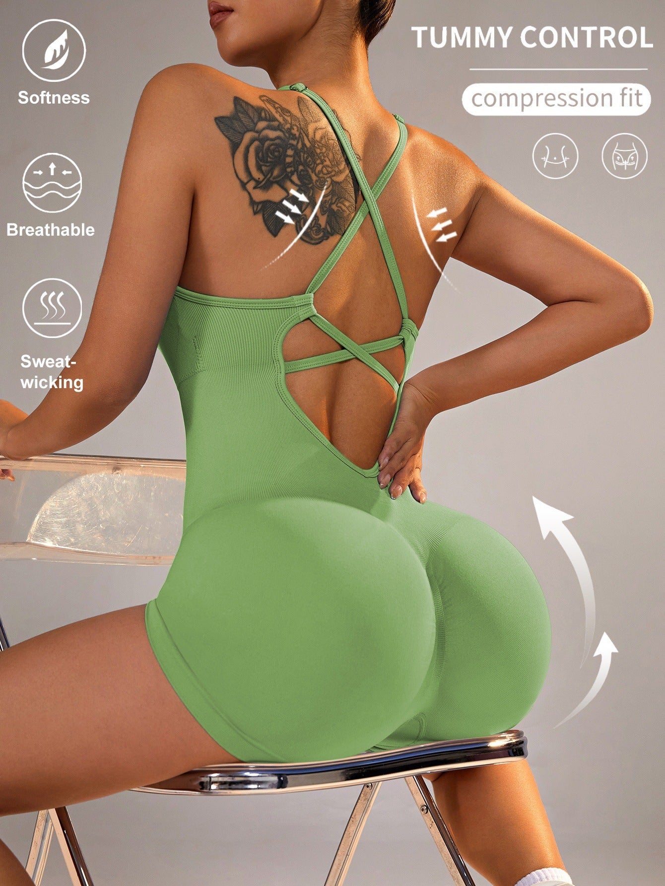 Seamless Sports Jumpsuit With Cross Exposed Back, Quick Drying, Sexy Suspender, Fitness Outerwear, Yoga Suit