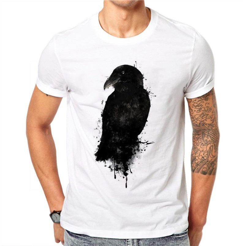 Fashion Short Sleeve T-shirt Black Crow Pattern
