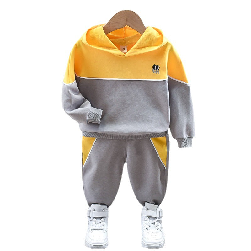 Infant Toddler Baby Boy Fashion Colorblock Hooded Pullover Long-sleeved Shirt Two-piece Set