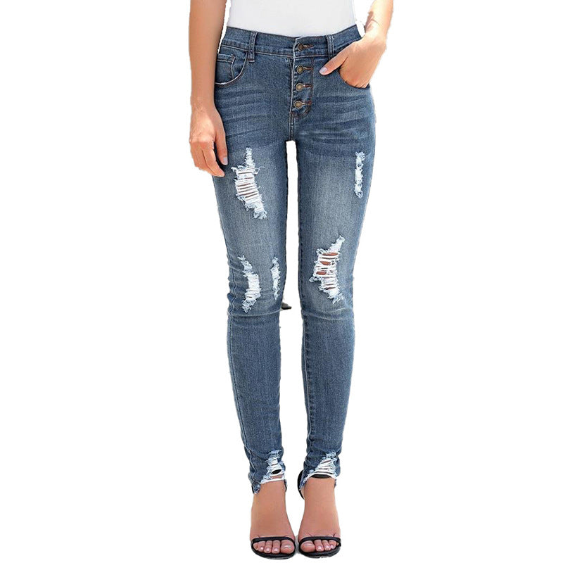Casual ripped elastic slim-fit pants