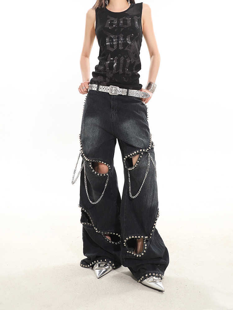 Heavy Industry Metal Rivet Chain Hollow-out Design Jeans