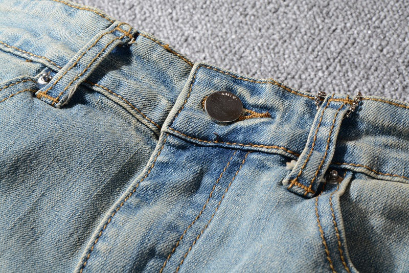 Men's Pleated Color Block Jeans Youth Slim-Fit Pants