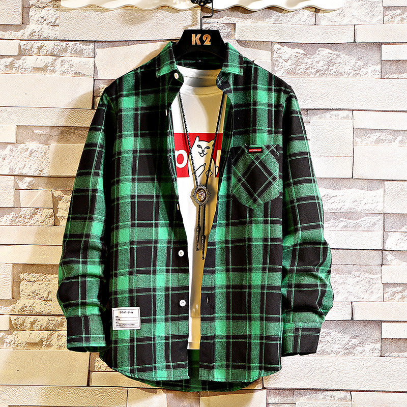 Men's Loose Plaid Long-sleeved Shirt Casual Shirt