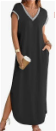 Women's  Summer Short Sleeve Maxi Dress V Neck Split Loose Casual Beach Long Dresses