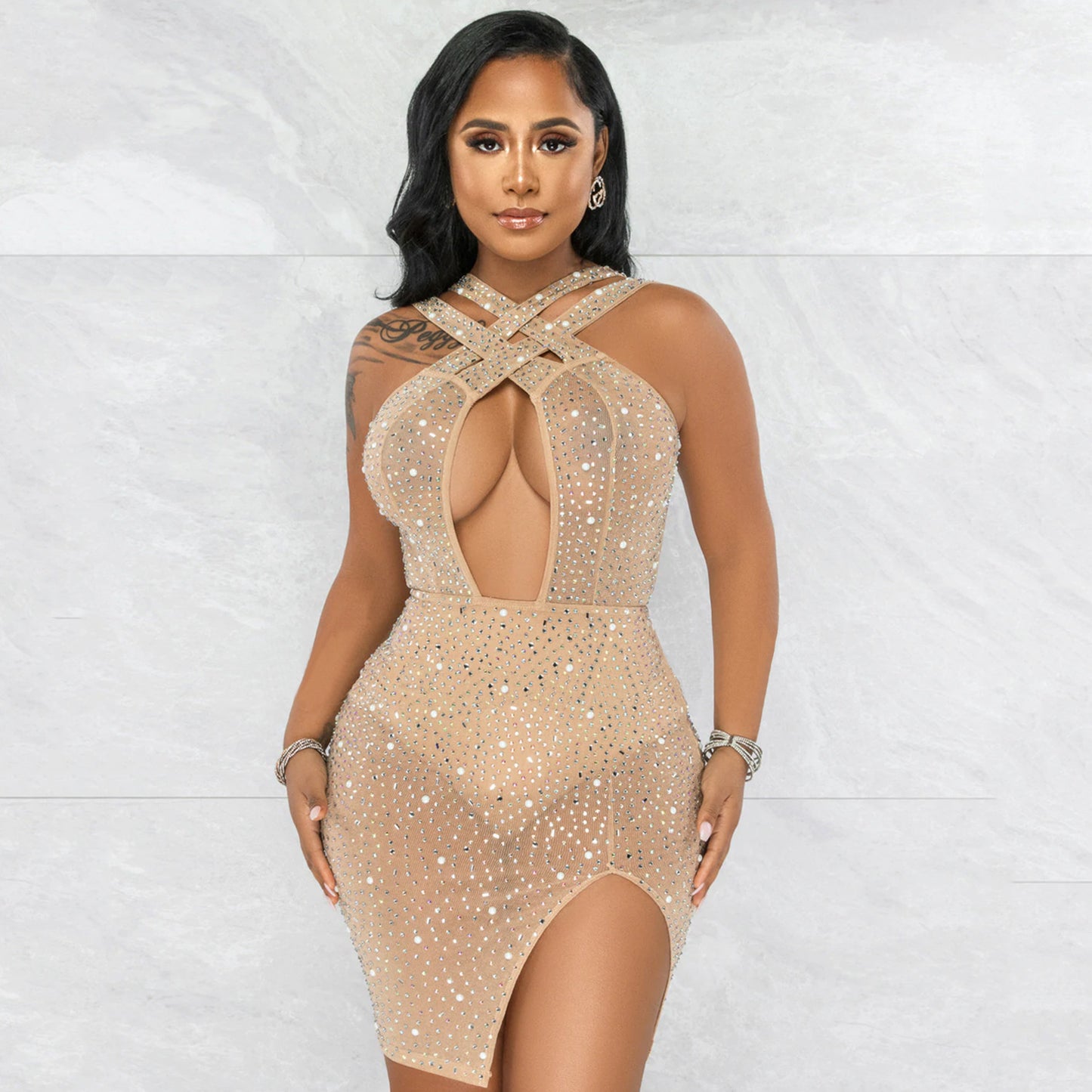 Women's Fashion Mesh Hot Diamond Nightclub Party Dress