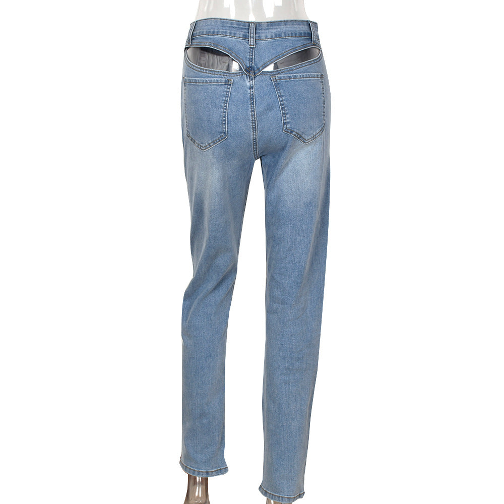 Women's High-waisted Denim Washed Hollow Stretch Leggings