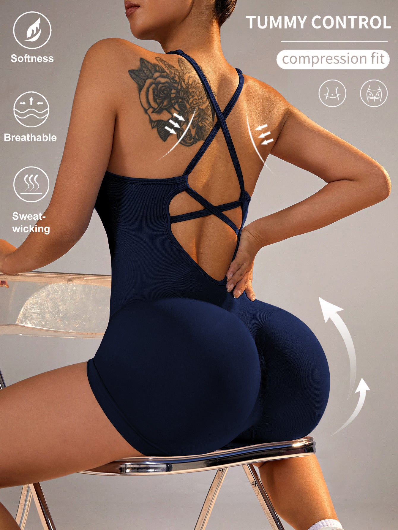 Seamless Sports Jumpsuit With Cross Exposed Back, Quick Drying, Sexy Suspender, Fitness Outerwear, Yoga Suit