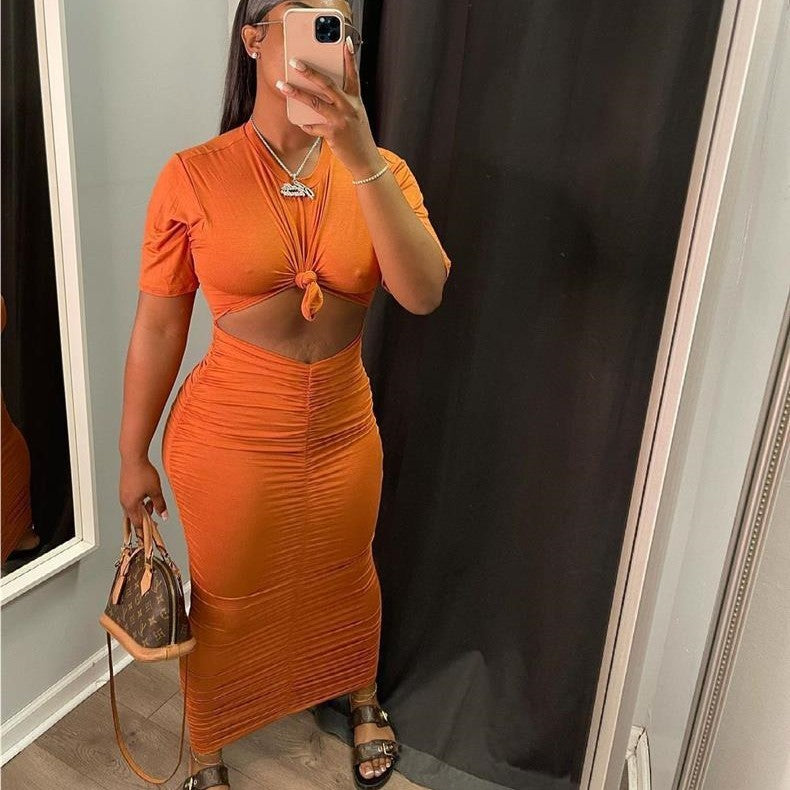 Fashion Solid Color Pleating Short Sleeve Dress Suit