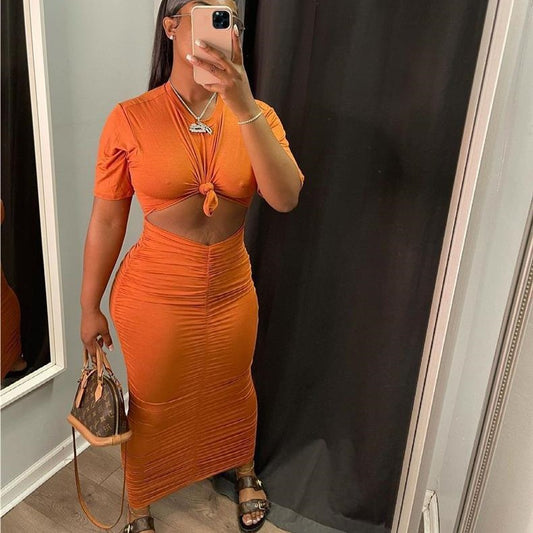 Fashion Solid Color Pleating Short Sleeve Dress Suit