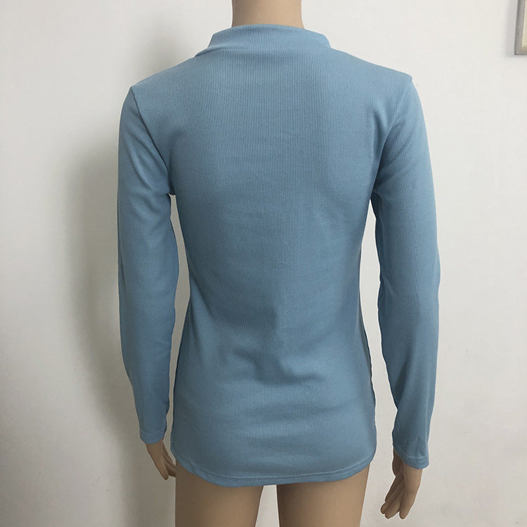 Solid Color Long Sleeve Slim Fit Zipper T-Shirt Top