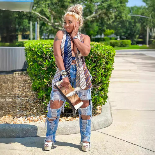 New Backless Tied V-neck Striped Tie Stitching Personality Vest Women's Clothing