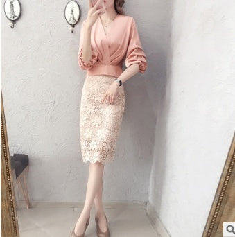 Summer new fashion shirt with lace half-length skirt two-piece small fragrance ladies ladies suit women
