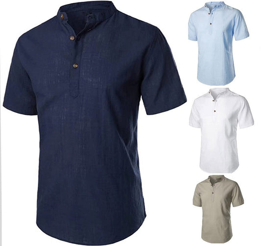 New Summer Cotton And Linen Comfort And Casual Slim Stand Collar Short Sleeve Shirt