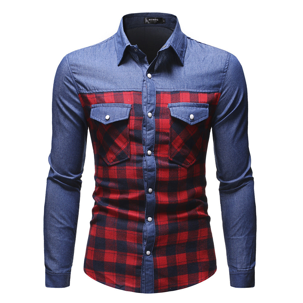 Denim Men's Fashion Classic Stitching Plaid Lapel Slim-fit Long-sleeved Shirt