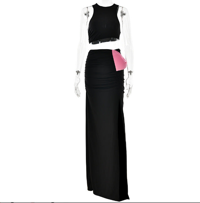 Cropped Tank Top Temperament High Waist Stitching Bow Set