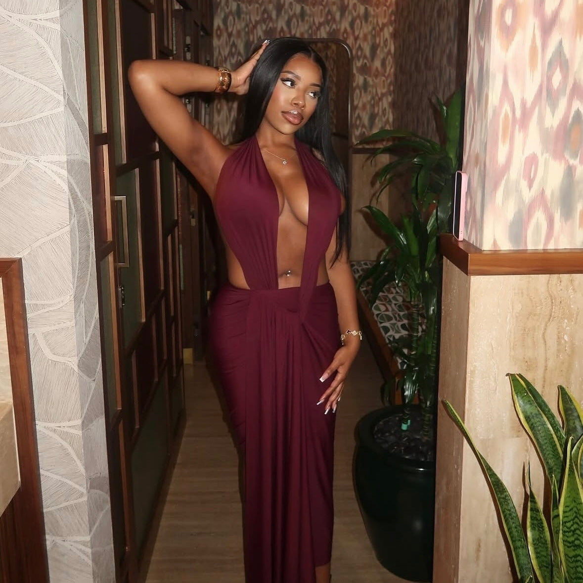 Fashionable Figure-hugging Solid-color Hollow-out Design Backless One-piece Dress