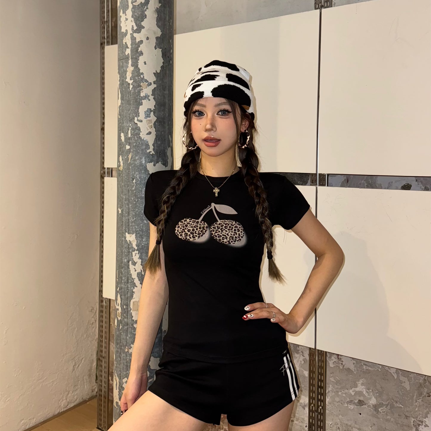 Female Leopard Print Cherry Camouflage Print Casual Short Sleeved Shirt