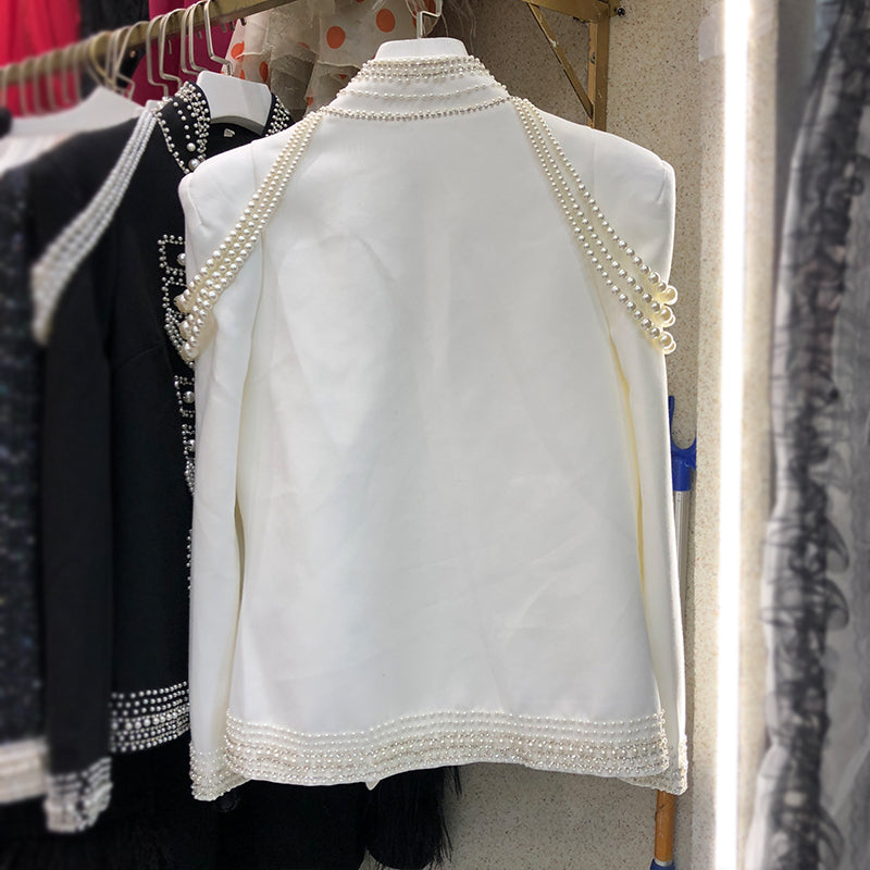 Temperament Court Style Slim Slimming Suit Female Pearl Handmade Beading Retro Jacket