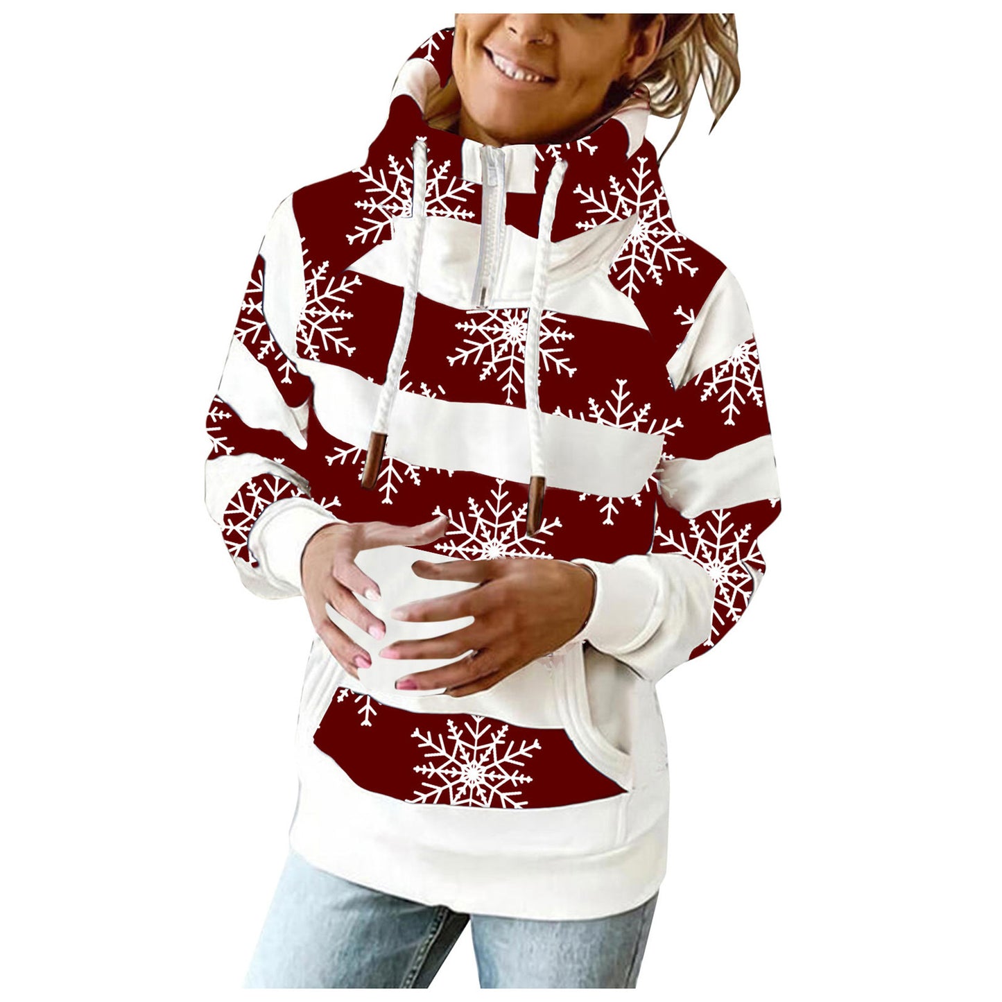 Fashion Printed Zipper High Neck Sweater