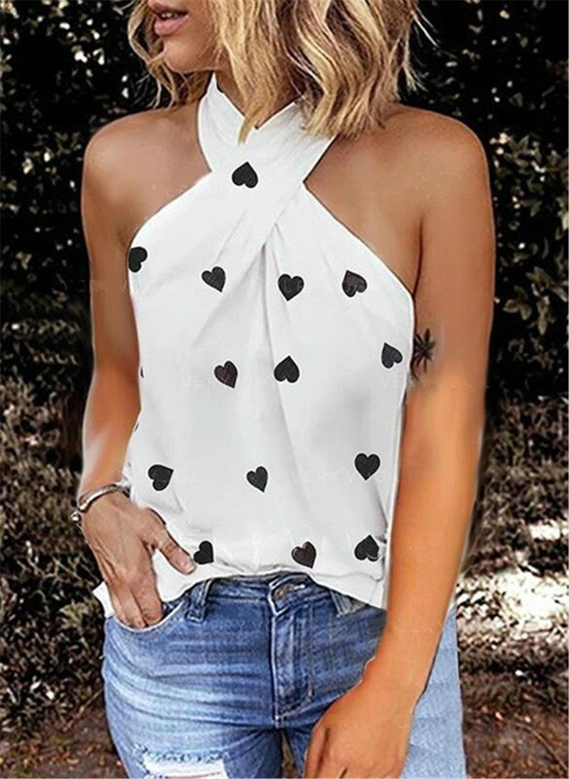 Casual Slim Back Zipper Halter Print Sleeveless Splicing Top